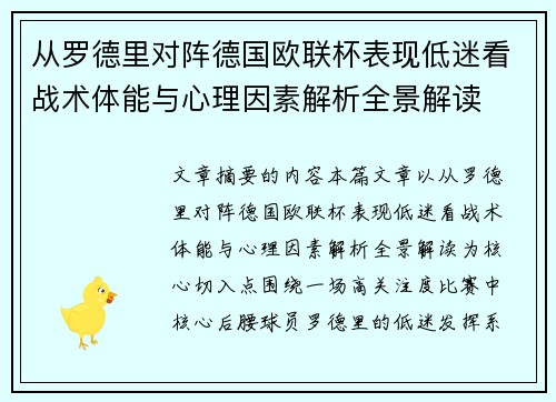 从罗德里对阵德国欧联杯表现低迷看战术体能与心理因素解析全景解读