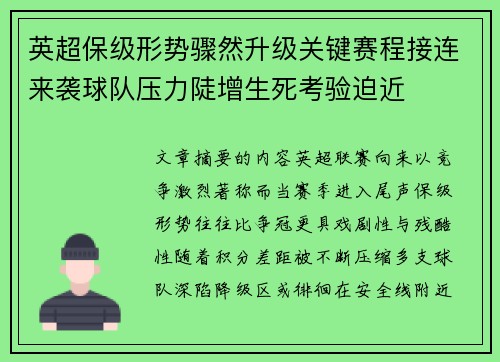 英超保级形势骤然升级关键赛程接连来袭球队压力陡增生死考验迫近 英超保级形势骤然升级关键赛程接连来袭球队压力陡增生死考验迫近